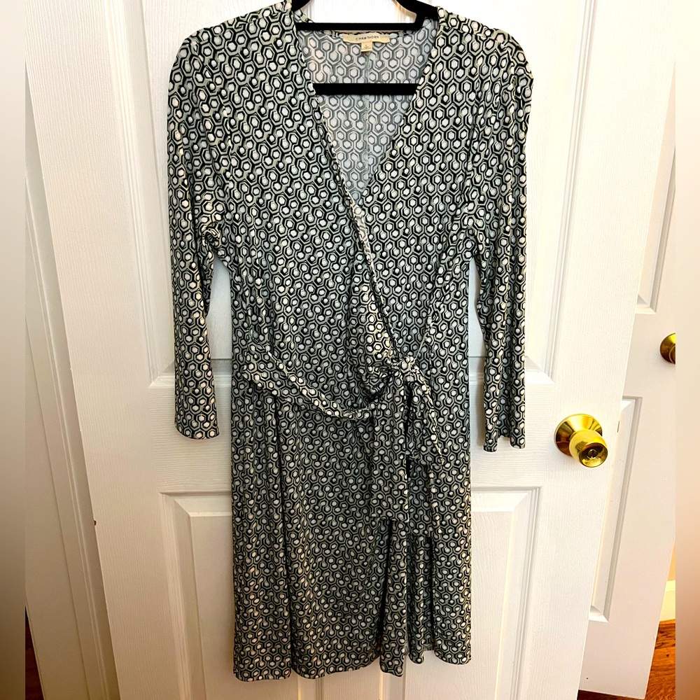 Wrap Dress in Green, White, and Black Rough Geometric Pattern with 3/4 Sleeves